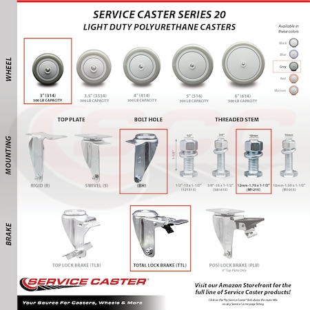 Service Caster 3 Inch Gray Polyurethane Swivel 12mm Stem Caster Set with Total Lock Brake SCC-TSTTL20S314-PPUB-M1215-4